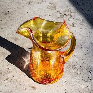 Vintage Crackle Glass Small Pitcher Creamer With Handle Amber Glass Blown Vtg